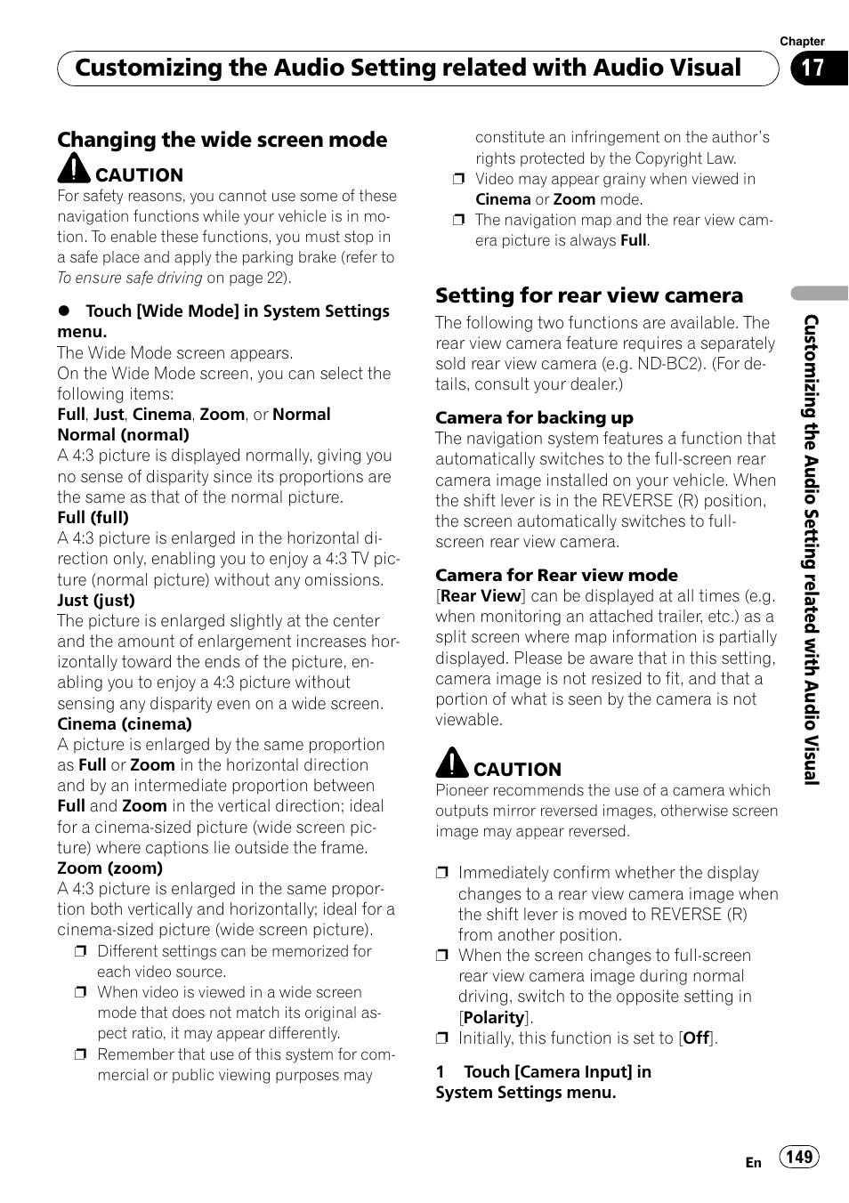 Changing the wide screen mode 149, Setting for rear view camera 149, Changing the wide screen mode | Setting for rear view camera | Pioneer AVIC-Z3 User Manual | Page 149 / 211