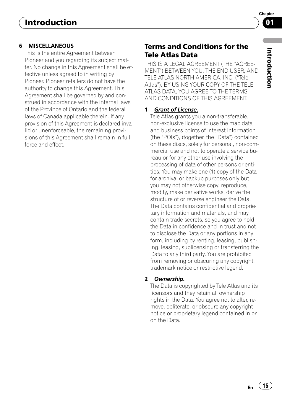 Terms and conditions for the tele atlas, Data, Introduction | Terms and conditions for the tele atlas data | Pioneer AVIC-Z3 User Manual | Page 15 / 211