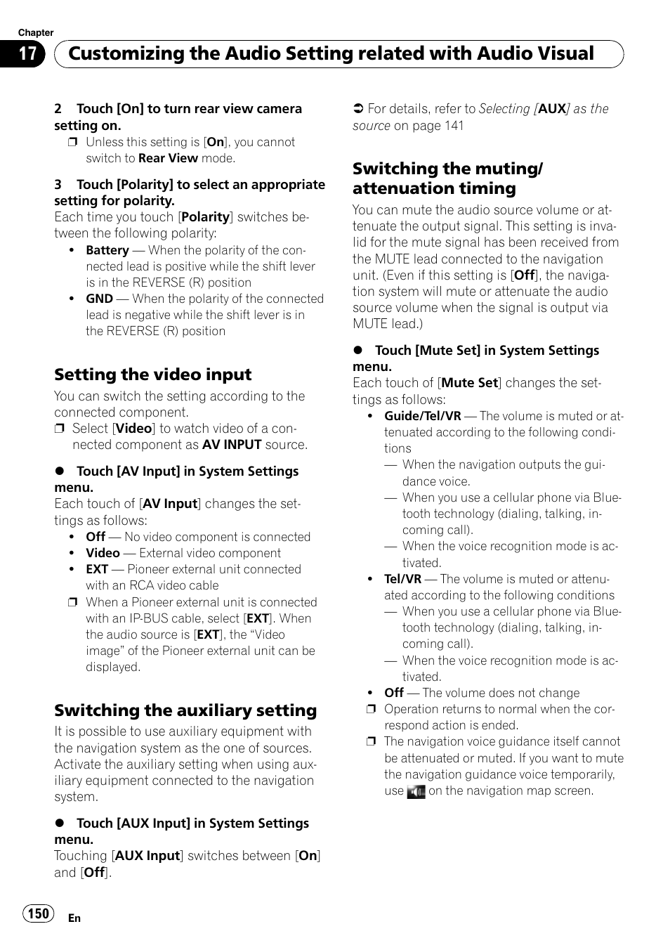 Setting the video input 150, Switching the auxiliary setting 150, Switching the muting/attenuation | Timing, Setting the video input, Switching the auxiliary setting, Switching the muting/ attenuation timing | Pioneer AVIC-Z3 User Manual | Page 150 / 211