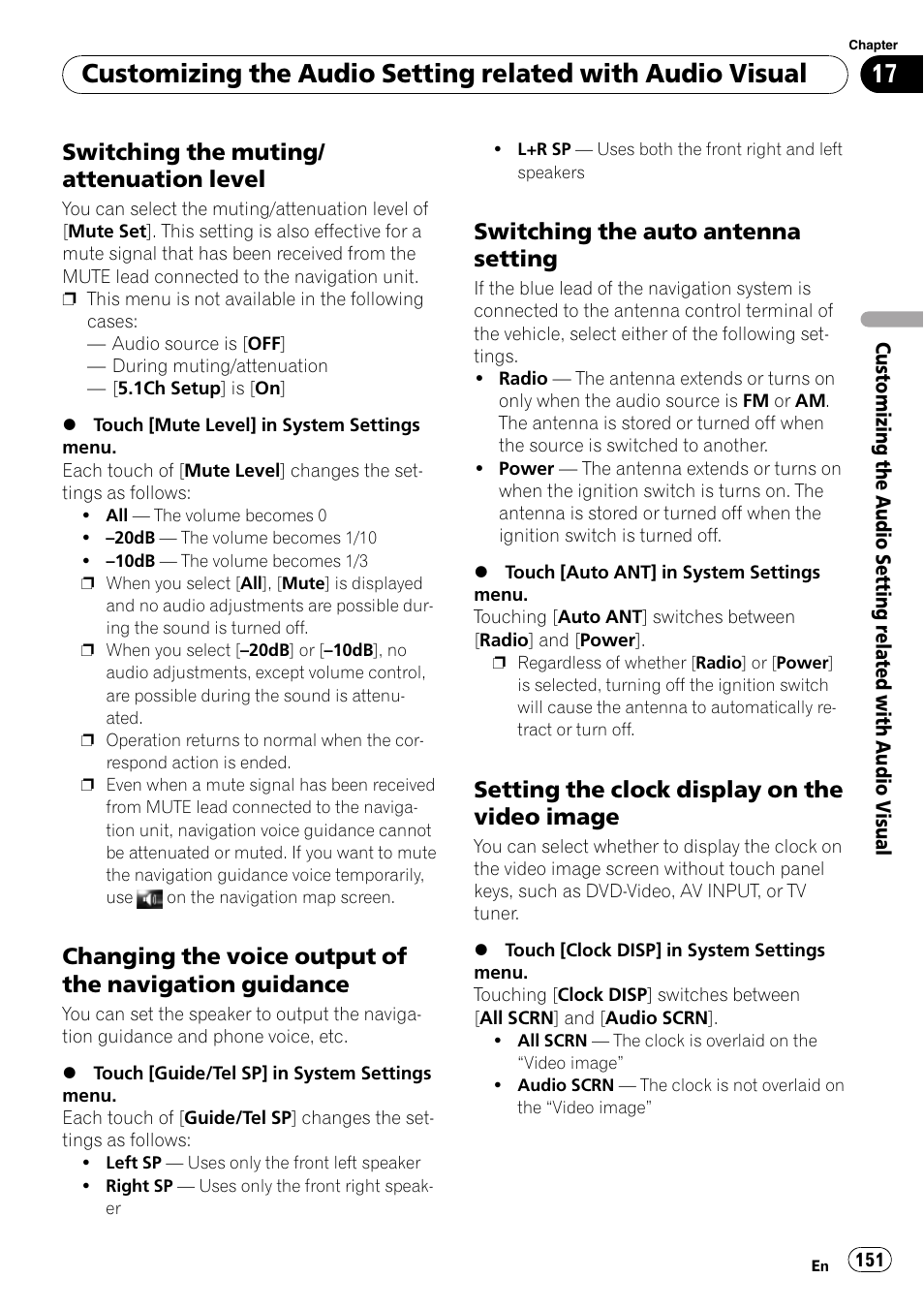 Switching the muting/attenuation, Level, Changing the voice output of the | Navigation guidance, Switching the auto antenna, Setting, Setting the clock display on the video, Image, Switching the muting/ attenuation level, Switching the auto antenna setting | Pioneer AVIC-Z3 User Manual | Page 151 / 211