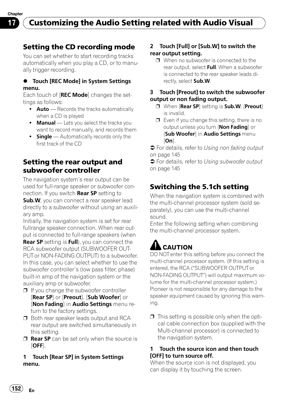 Setting the cd recording mode 152, Setting the rear output and subwoofer, Controller | Switching the 5.1ch setting 152, Setting the cd, Setting the cd recording mode, Setting the rear output and subwoofer controller, Switching the 5.1ch setting | Pioneer AVIC-Z3 User Manual | Page 152 / 211