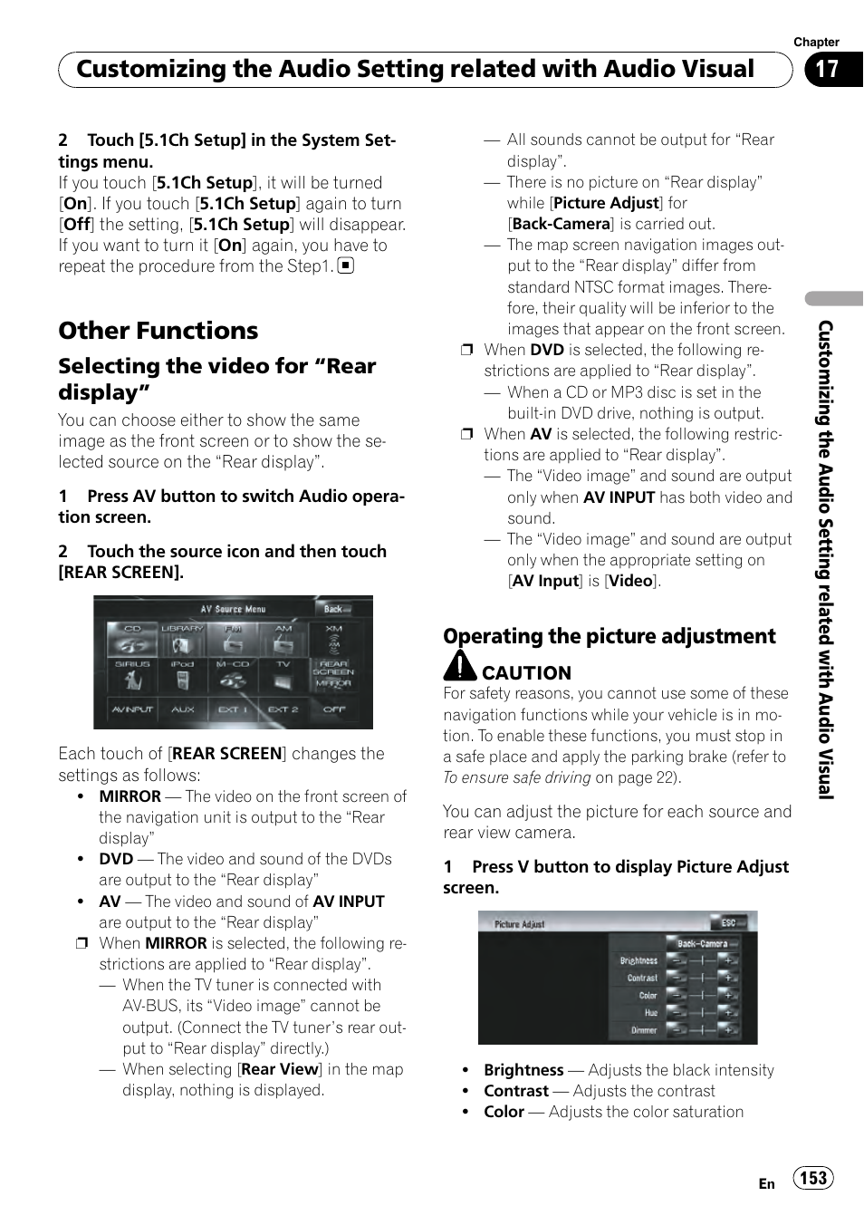 Other functions, Selecting the video for “rear, Display | Operating the picture adjustment 153, Selecting the video for “rear display, Operating the picture adjustment | Pioneer AVIC-Z3 User Manual | Page 153 / 211