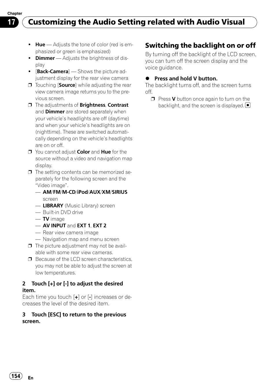 Switching the backlight on or off 154, Switching the backlight on or off | Pioneer AVIC-Z3 User Manual | Page 154 / 211