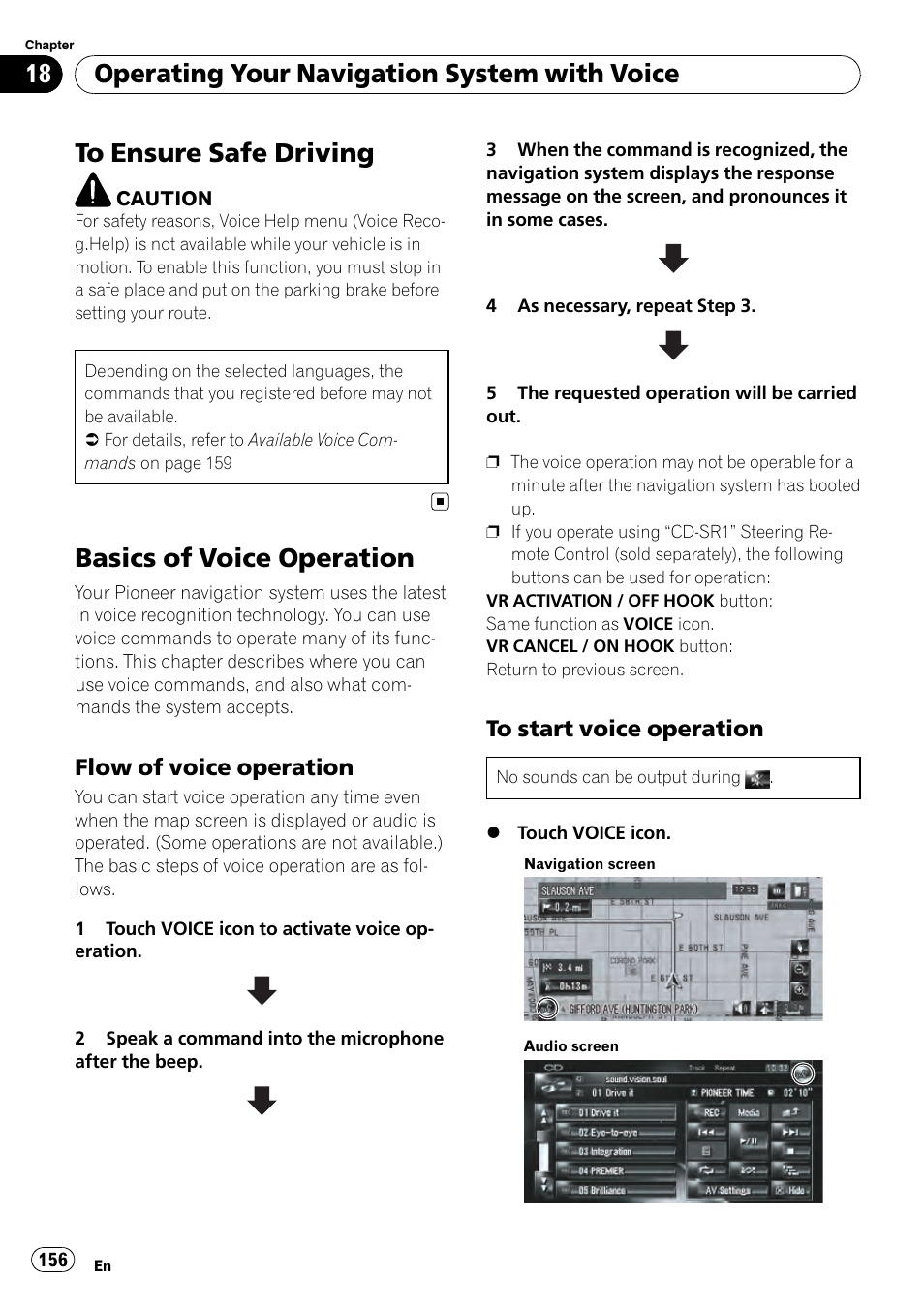 Basics of voice operation, Flow of voice operation 156, To start voice operation 156 | Chapter 18, Operating your navigation system with voice, Flow of voice operation | Pioneer AVIC-Z3 User Manual | Page 156 / 211