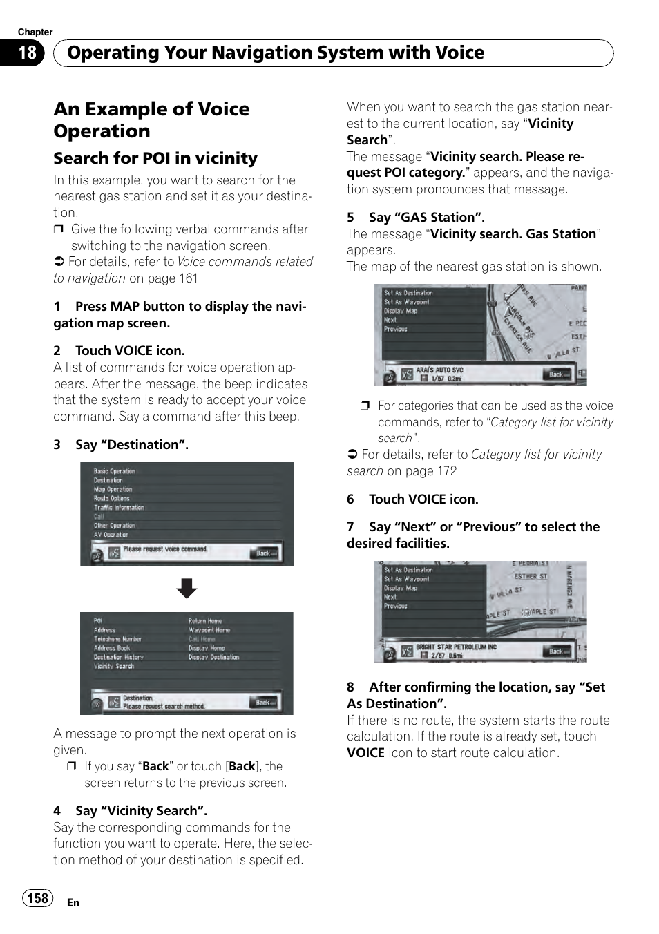 An example of voice operation, Search for poi in vicinity 158, Operating your navigation system with voice | Search for poi in vicinity | Pioneer AVIC-Z3 User Manual | Page 158 / 211