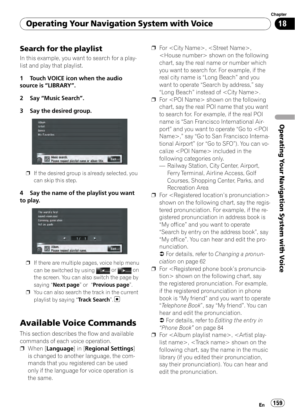 Search for the playlist 159, Available voice commands, Operating your navigation system with voice | Search for the playlist | Pioneer AVIC-Z3 User Manual | Page 159 / 211