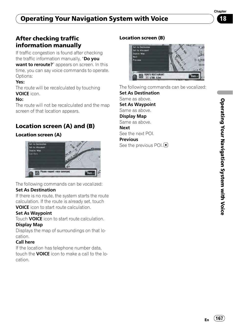 After checking traffic information, Manually, Location screen (a) and (b) 167 | Location screen (a) and (b), Operating your navigation system with voice | Pioneer AVIC-Z3 User Manual | Page 167 / 211