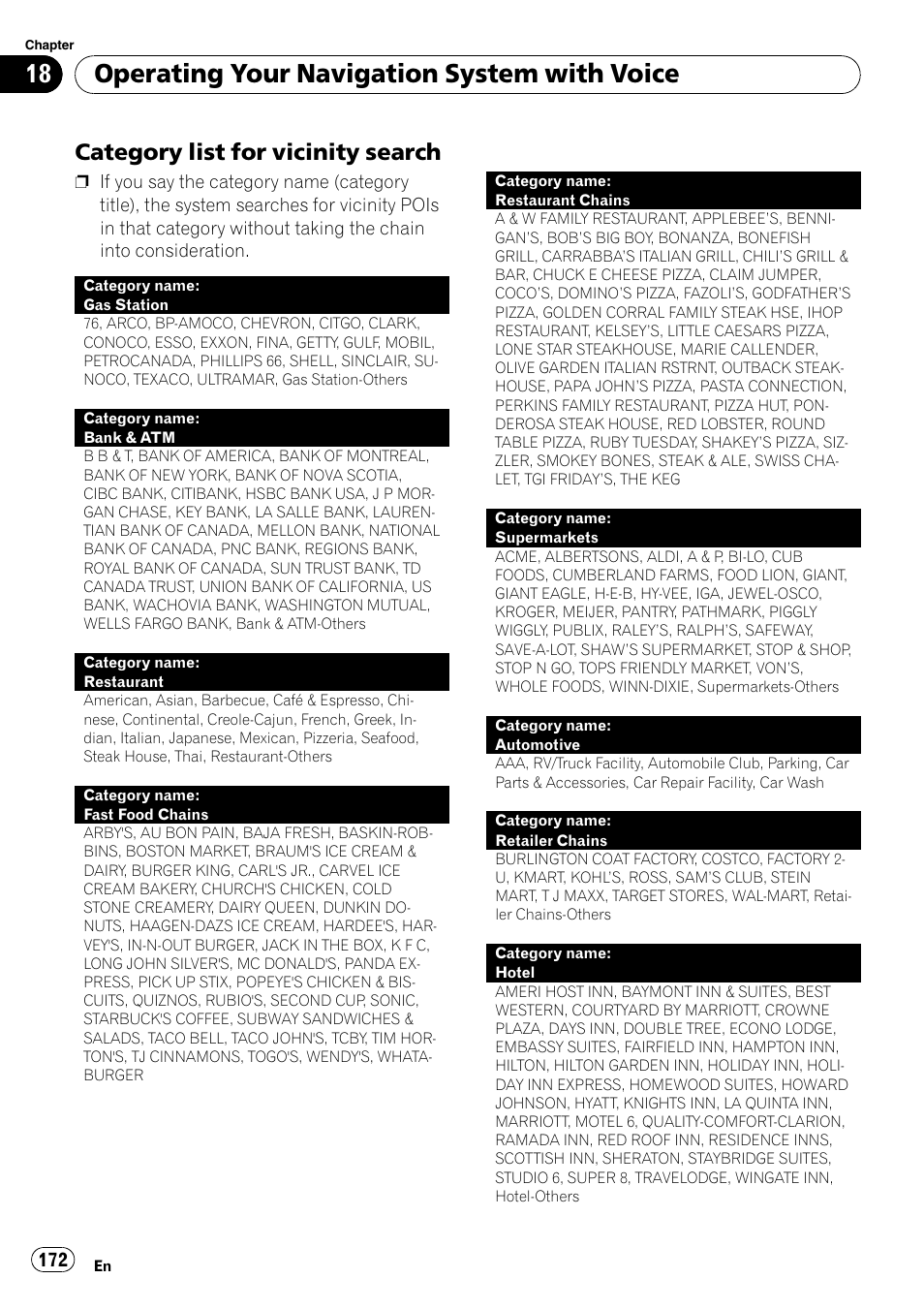 Category list for vicinity search 172, Category list for vicinity, Search | Operating your navigation system with voice, Category list for vicinity search | Pioneer AVIC-Z3 User Manual | Page 172 / 211