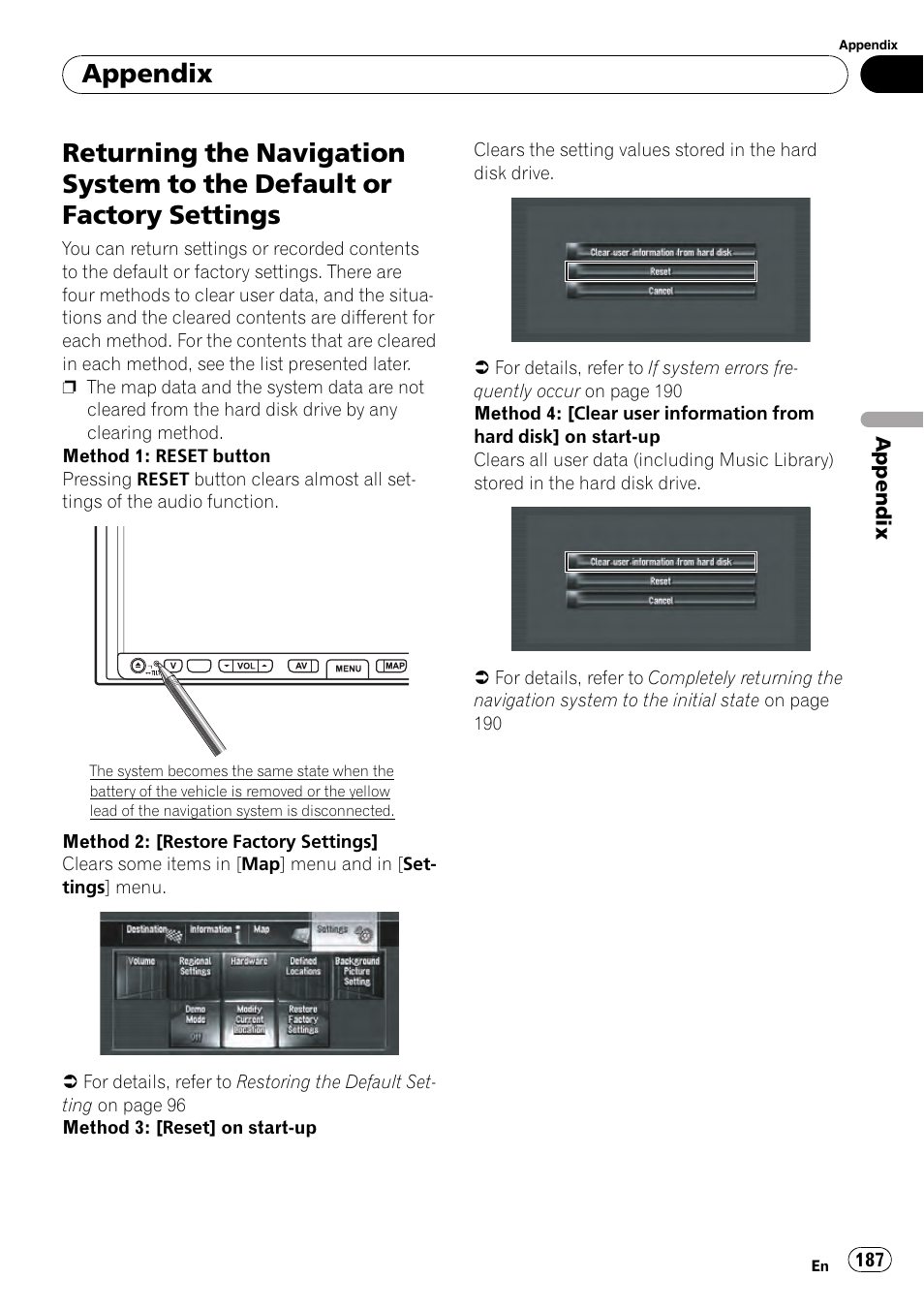 Returning the navigation system to the, Default or factory settings, Appendix | Pioneer AVIC-Z3 User Manual | Page 187 / 211