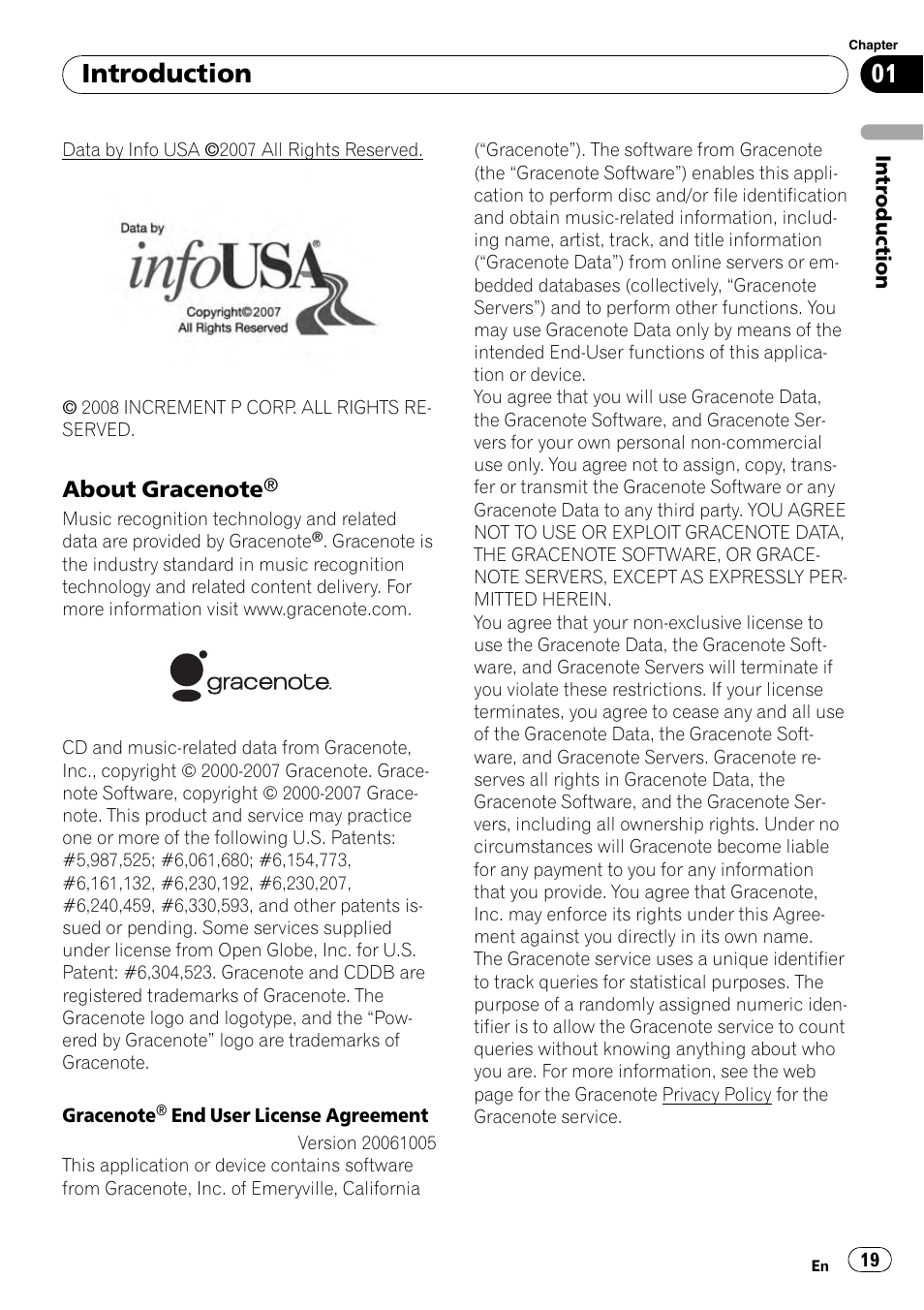 About gracenote® 19, About, Gracenote | Introduction | Pioneer AVIC-Z3 User Manual | Page 19 / 211