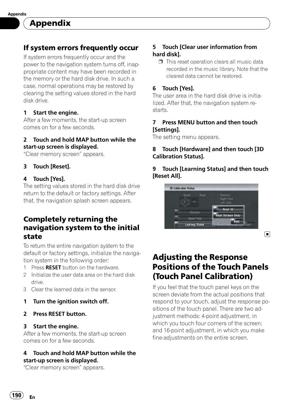 If system errors frequently occur 190, Completely returning the navigation, System to the initial state | Adjusting the response positions of the, Touch panels (touch panel calibration), Appendix, If system errors frequently occur | Pioneer AVIC-Z3 User Manual | Page 190 / 211