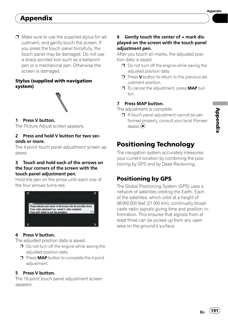 Positioning technology, Positioning by gps 191, Appendix | Positioning by gps | Pioneer AVIC-Z3 User Manual | Page 191 / 211