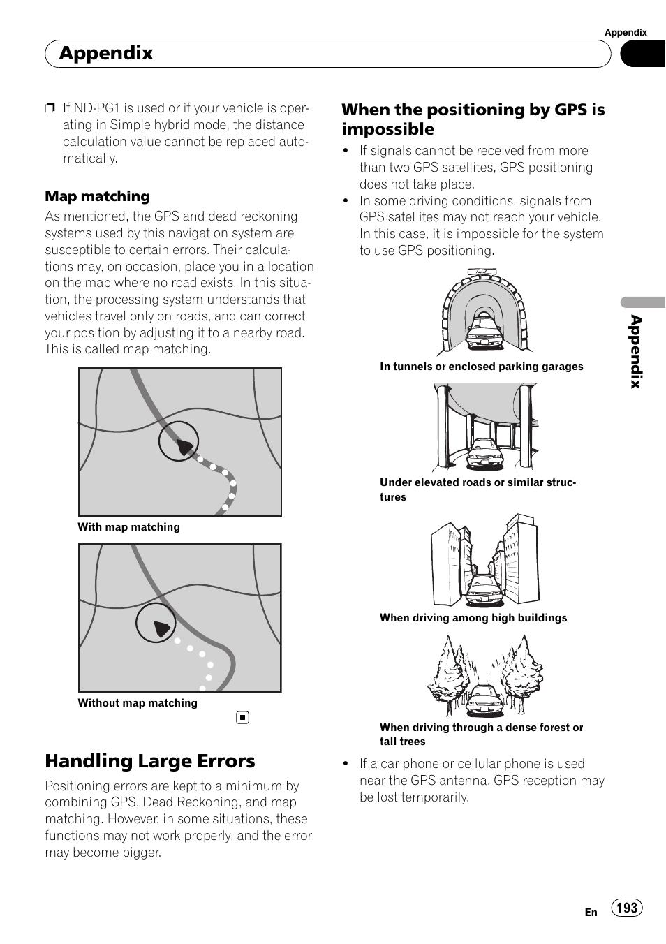 Handling large errors, When the positioning by gps is, Impossible | Appendix, When the positioning by gps is impossible | Pioneer AVIC-Z3 User Manual | Page 193 / 211