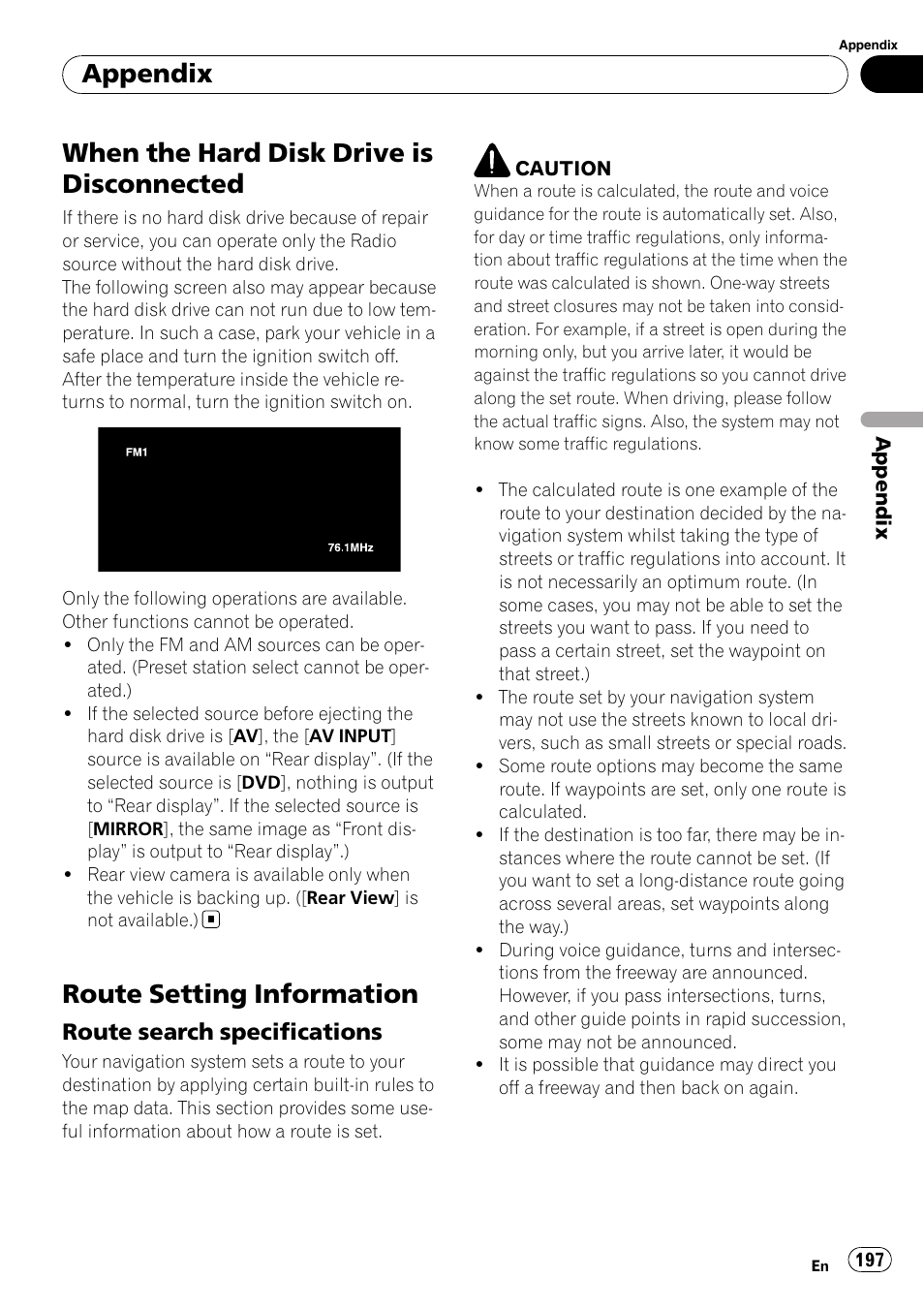 When the hard disk drive is, Disconnected, Route setting information | Route search specifications 197, When the hard disk drive is disconnected, Appendix, Route search specifications | Pioneer AVIC-Z3 User Manual | Page 197 / 211