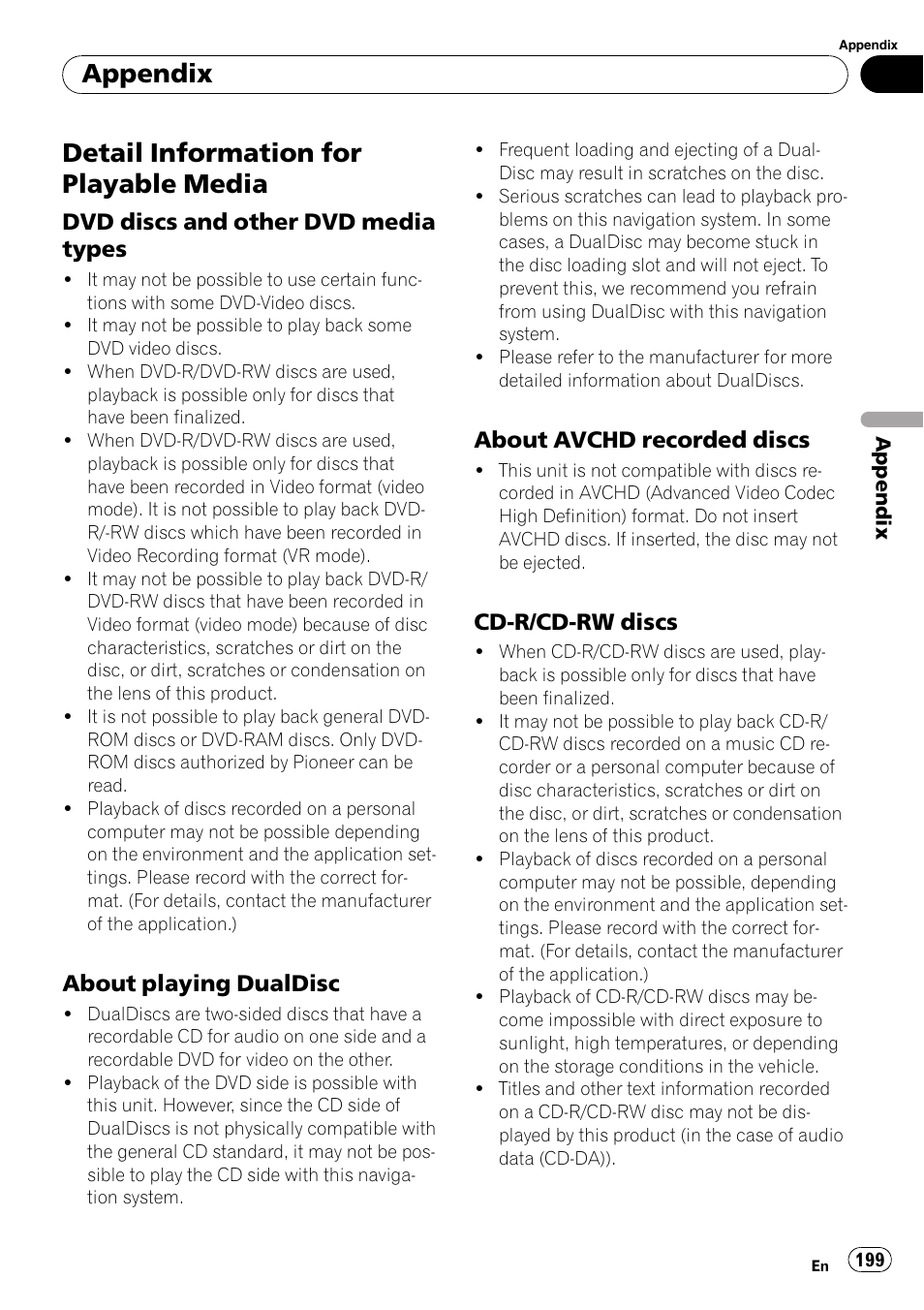 Detail information for playable media, Dvd discs and other dvd media, Types | About playing dualdisc 199, About avchd recorded discs 199, Cd-r/cd-rw discs 199, Detail infor, Detail information, Appendix, Dvd discs and other dvd media types | Pioneer AVIC-Z3 User Manual | Page 199 / 211