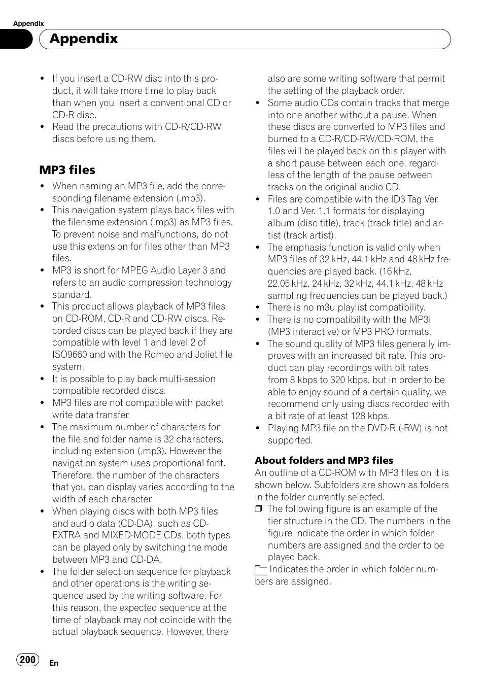 Mp3 files 200, Appendix, Mp3 files | Pioneer AVIC-Z3 User Manual | Page 200 / 211