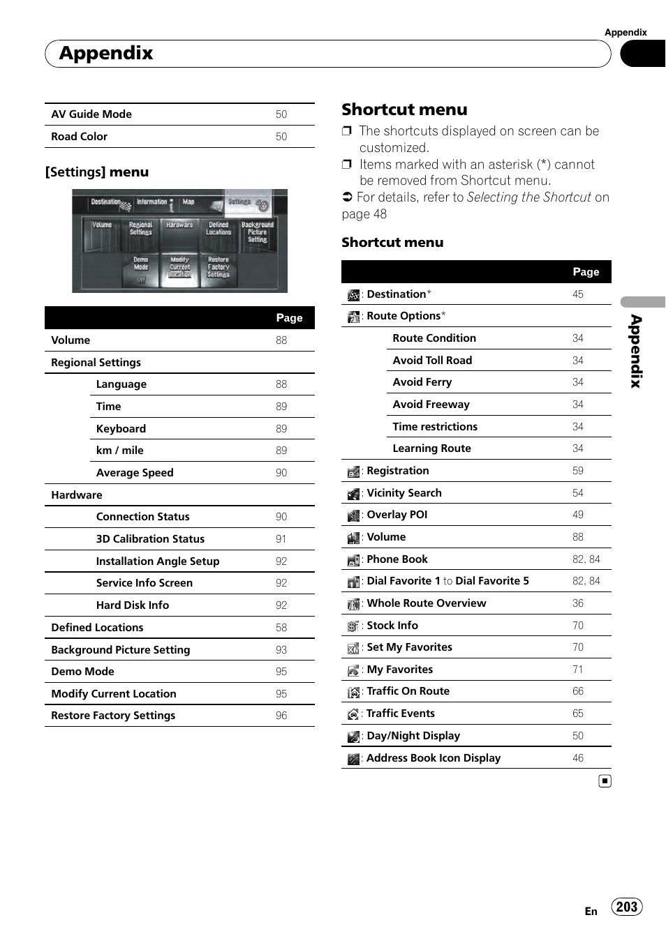 Shortcut menu 203, Appendix, Shortcut menu | Settings] menu | Pioneer AVIC-Z3 User Manual | Page 203 / 211