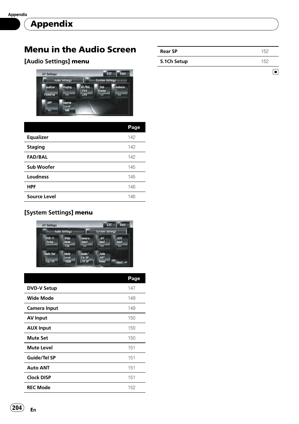 Menu in the audio screen, Appendix | Pioneer AVIC-Z3 User Manual | Page 204 / 211