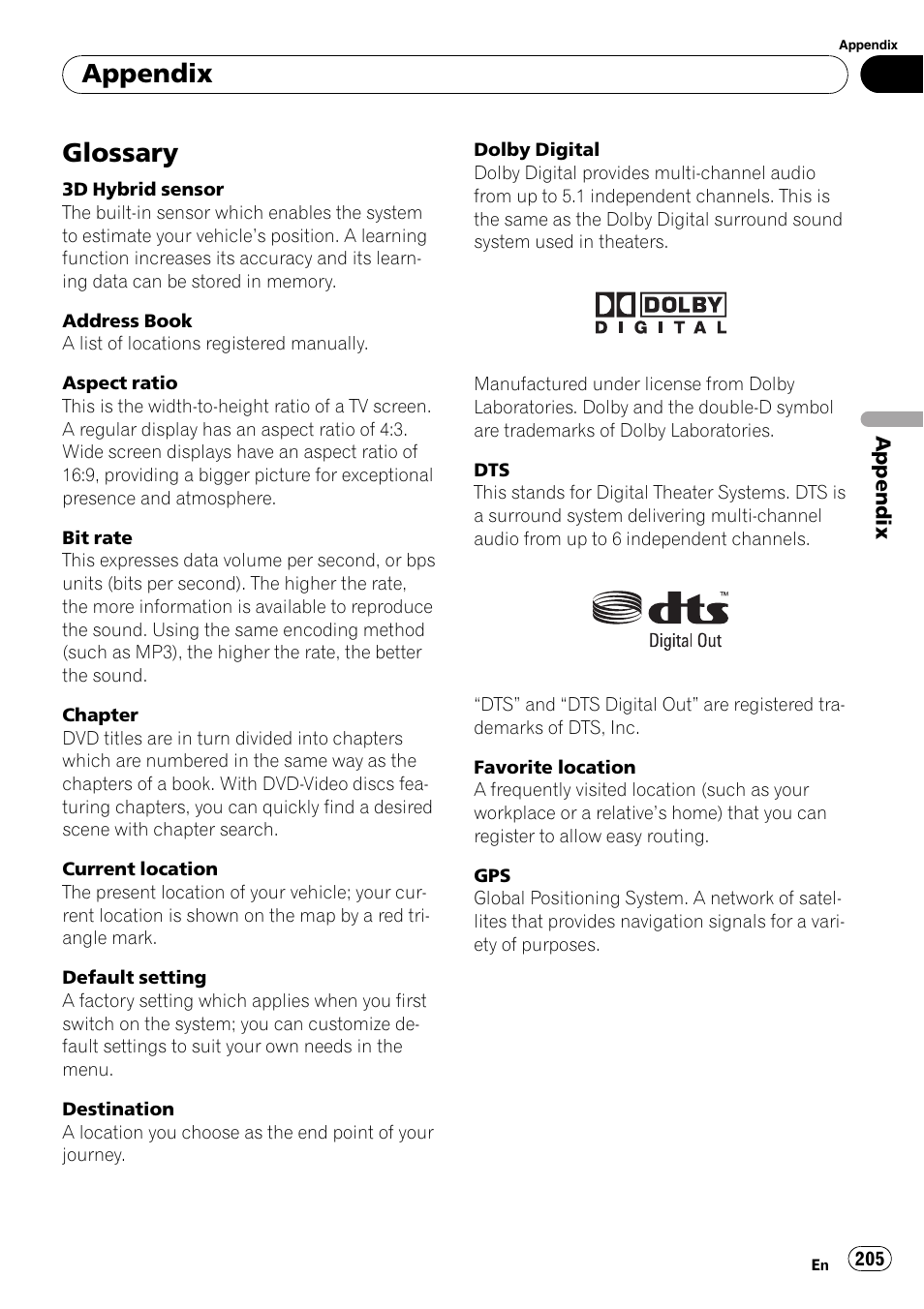 Glossary, Appendix | Pioneer AVIC-Z3 User Manual | Page 205 / 211