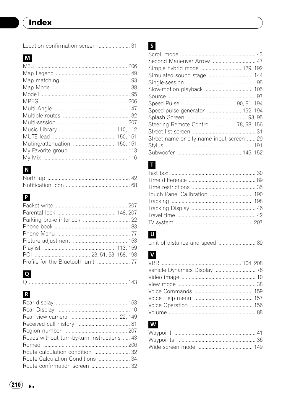 Index | Pioneer AVIC-Z3 User Manual | Page 210 / 211