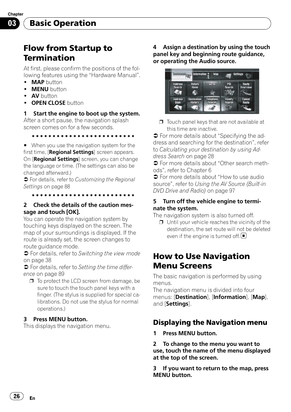 Basic operation flow from startup to termination, How to use navigation menu screens, Displaying the navigation menu 26 | Flow from startup to termination, Basic operation, Displaying the navigation menu | Pioneer AVIC-Z3 User Manual | Page 26 / 211