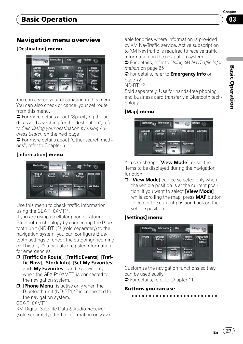 Navigation menu overview 27, Basic operation, Navigation menu overview | Pioneer AVIC-Z3 User Manual | Page 27 / 211