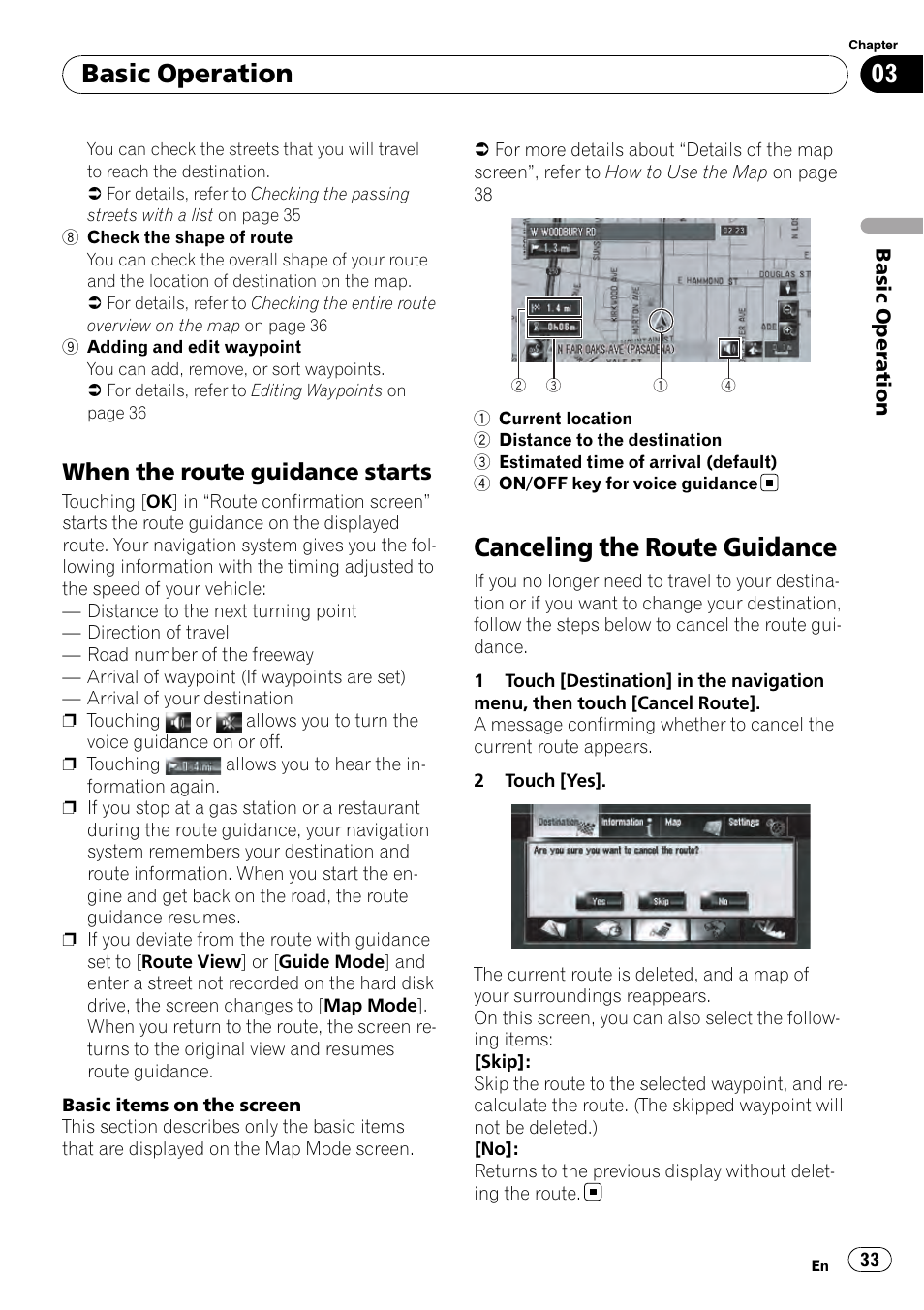 When the route guidance starts 33, Canceling the route guidance, Basic operation | When the route guidance starts | Pioneer AVIC-Z3 User Manual | Page 33 / 211