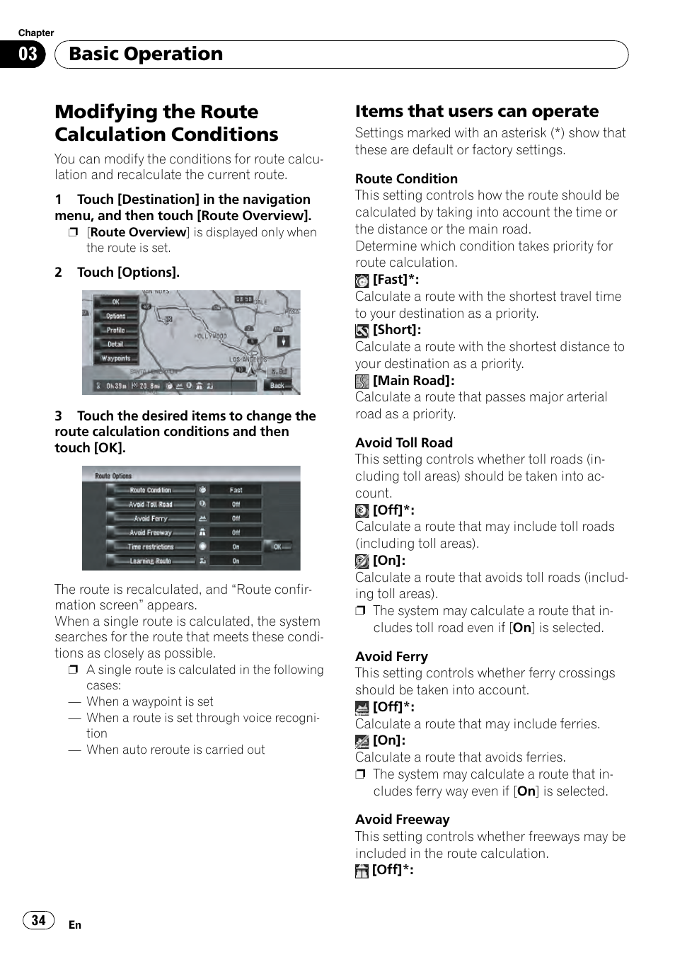 Modifying the route calculation, Conditions, Items that users can operate 34 | Modifying the route calculation conditions, Basic operation, Items that users can operate | Pioneer AVIC-Z3 User Manual | Page 34 / 211