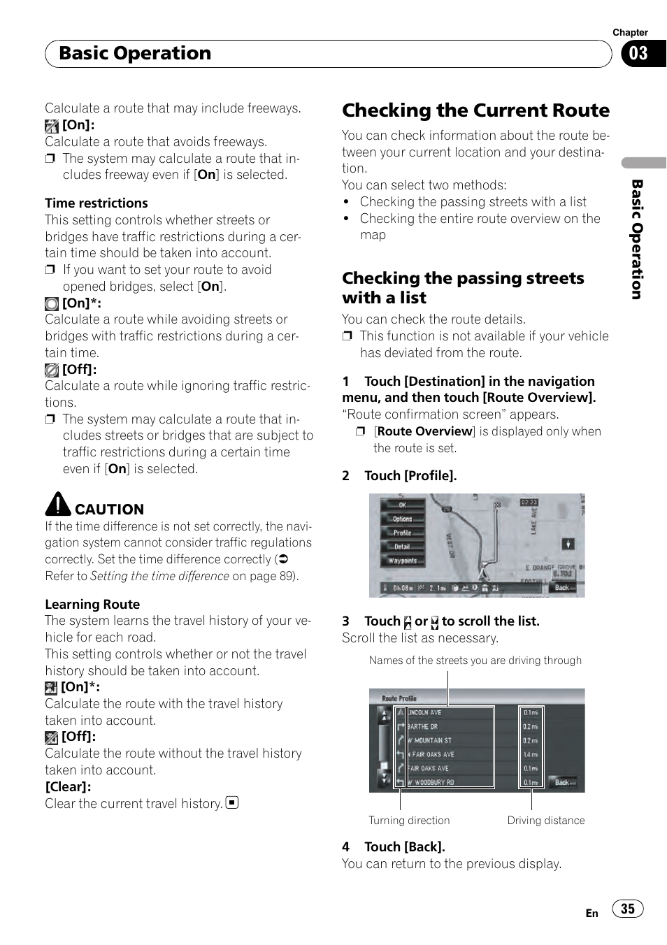 Checking the current route, Checking the passing streets with a, List | Basic operation, Checking the passing streets with a list | Pioneer AVIC-Z3 User Manual | Page 35 / 211