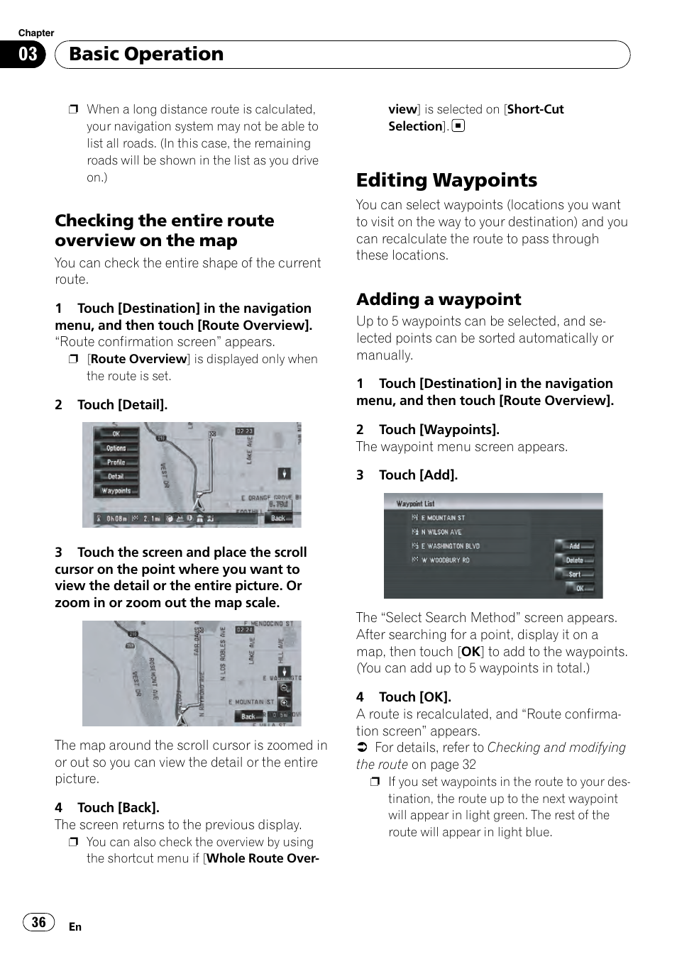 Checking the entire route overview on, The map, Editing waypoints | Adding a waypoint 36, Basic operation, Checking the entire route overview on the map, Adding a waypoint | Pioneer AVIC-Z3 User Manual | Page 36 / 211