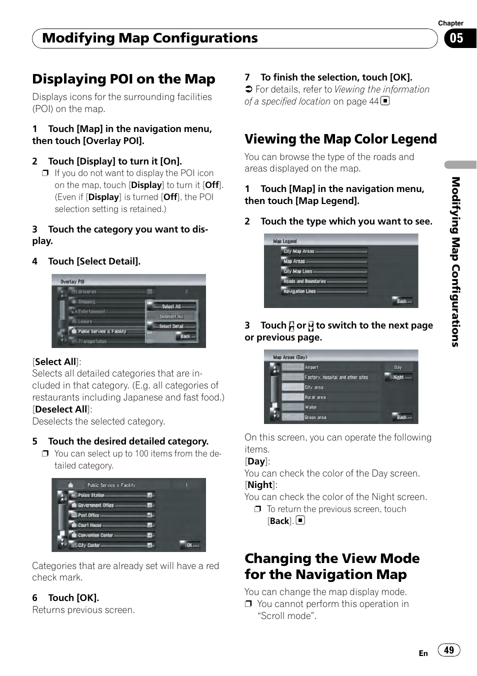 Displaying poi on the map, Viewing the map color legend, Changing the view mode for the navigation | Displaying poi, Changing the view mode for the navigation map, Modifying map configurations | Pioneer AVIC-Z3 User Manual | Page 49 / 211