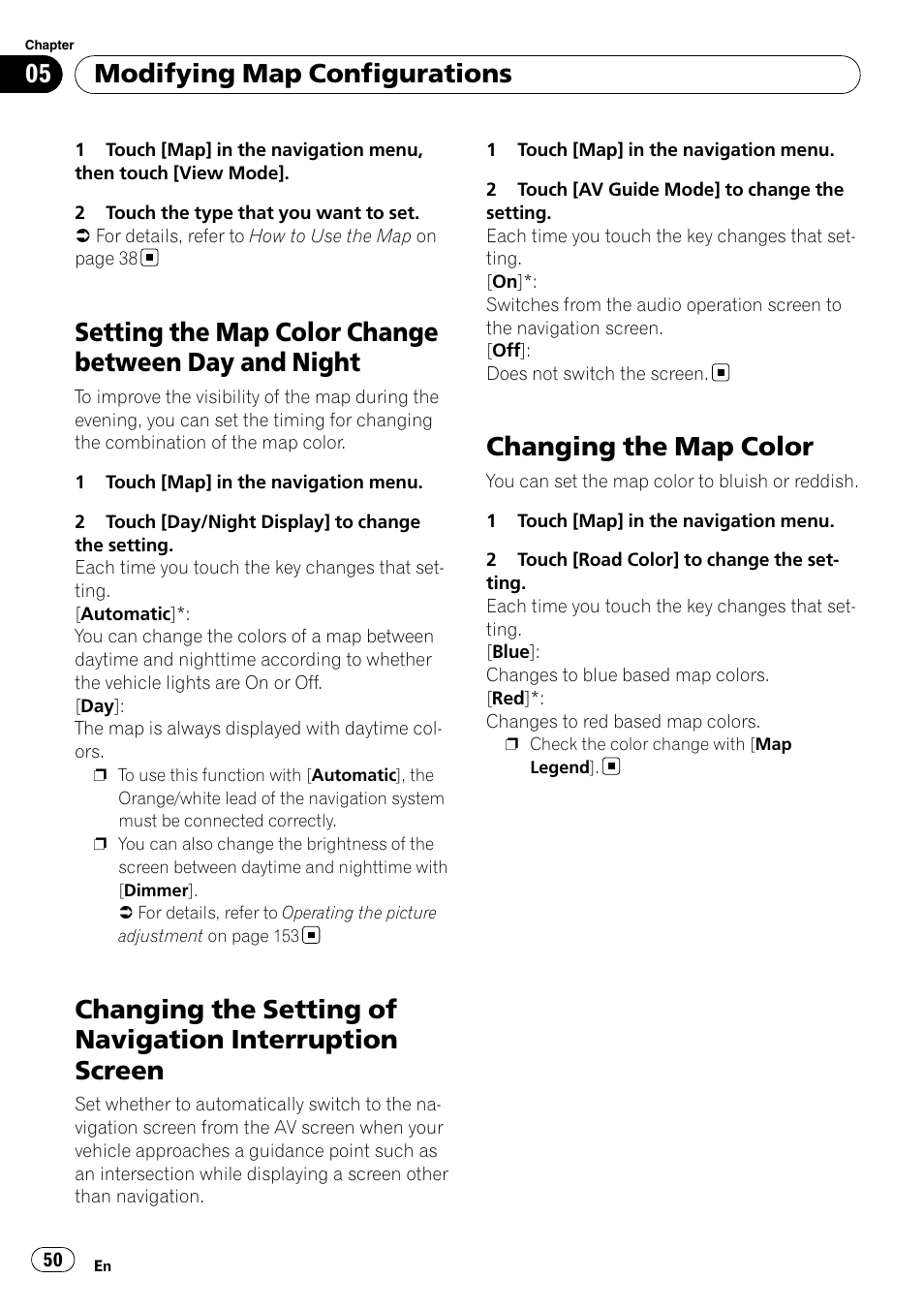 Setting the map color change between day, And night, Changing the setting of navigation | Interruption screen, Changing the map color, Setting the map color change between day and night, Modifying map configurations | Pioneer AVIC-Z3 User Manual | Page 50 / 211