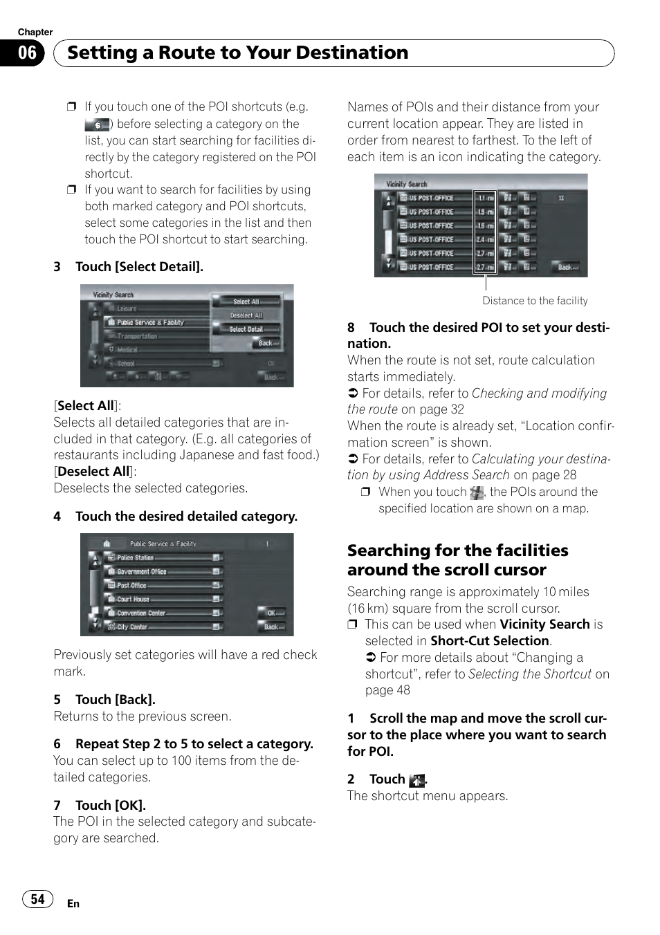 Searching for the facilities around the, Scroll cursor, Setting a route to your destination | Pioneer AVIC-Z3 User Manual | Page 54 / 211