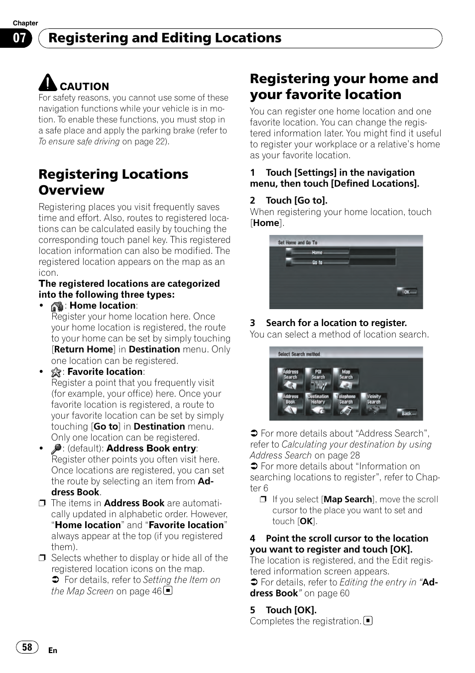 Registering your home and your favorite, Location, Registering locations overview | Registering your home and your favorite location, Registering and editing locations | Pioneer AVIC-Z3 User Manual | Page 58 / 211