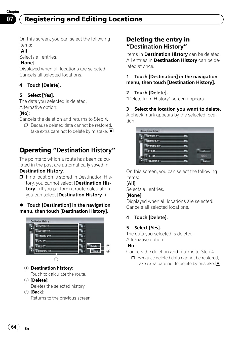 Operating, Destination history” 64, Deleting the entry in “destination | History, Operating “destina, Tion history, Operating “destination history, Registering and editing locations, Deleting the entry in “destination history | Pioneer AVIC-Z3 User Manual | Page 64 / 211