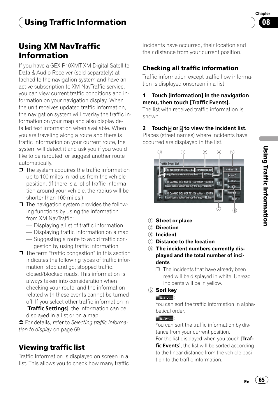 Viewing traffic list 65, Using xm navtraffic information, Using traffic information | Viewing traffic list | Pioneer AVIC-Z3 User Manual | Page 65 / 211