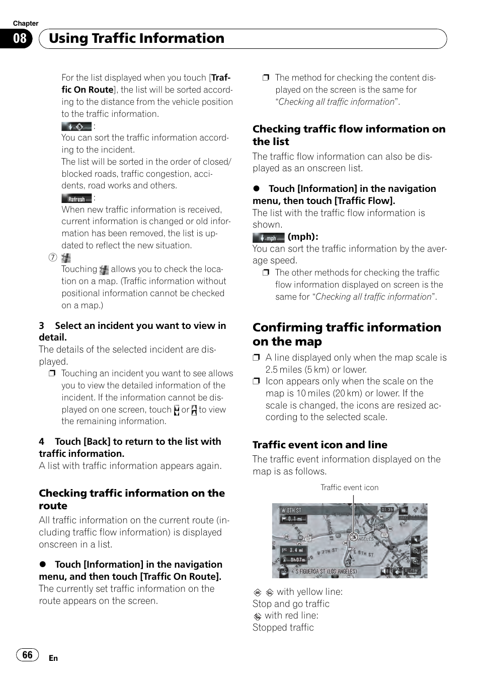 Confirming traffic information on the, Traffic event icon and line, Using traffic information | Confirming traffic information on the map | Pioneer AVIC-Z3 User Manual | Page 66 / 211