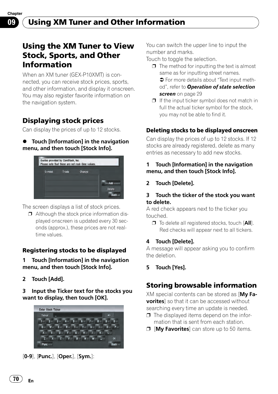 And other information, Displaying stock prices 70, Storing browsable information 70 | Using xm tuner and other information, Displaying stock prices, Storing browsable information | Pioneer AVIC-Z3 User Manual | Page 70 / 211