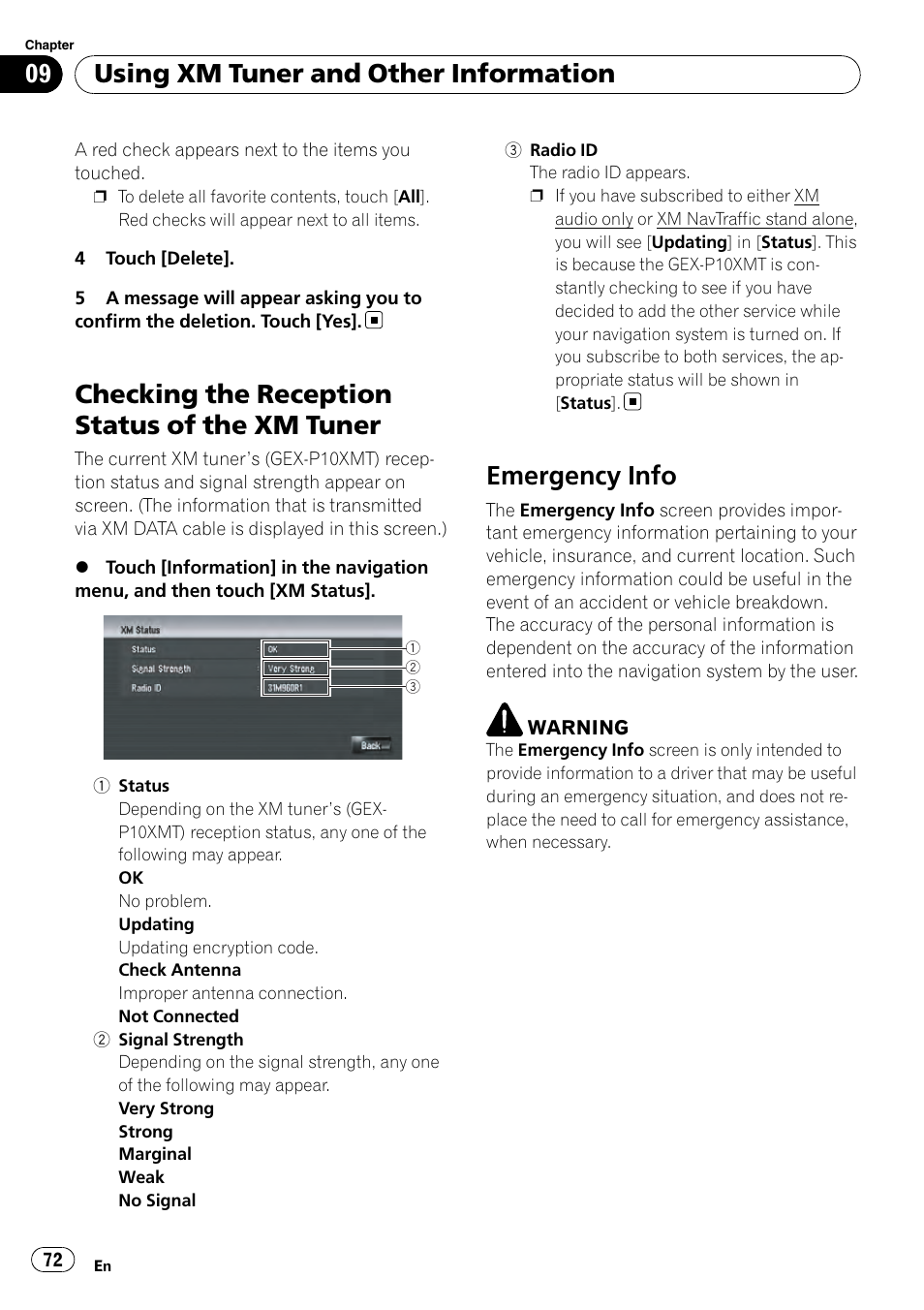 Checking the reception status of the xm, Tuner, Emergency info | Checking the reception status of the xm tuner, Using xm tuner and other information | Pioneer AVIC-Z3 User Manual | Page 72 / 211