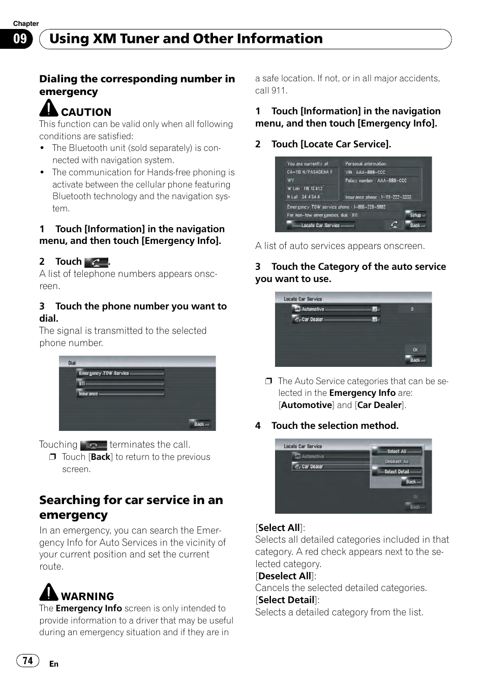 Searching for car service in an, Emergency, Using xm tuner and other information | Searching for car service in an emergency | Pioneer AVIC-Z3 User Manual | Page 74 / 211