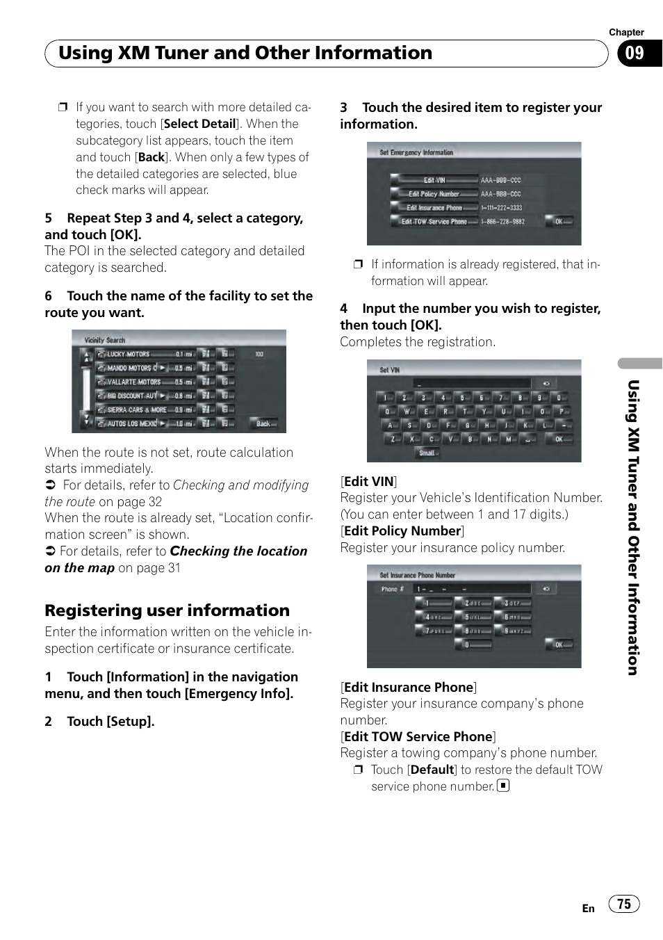 Registering user information 75, Using xm tuner and other information, Registering user information | Pioneer AVIC-Z3 User Manual | Page 75 / 211