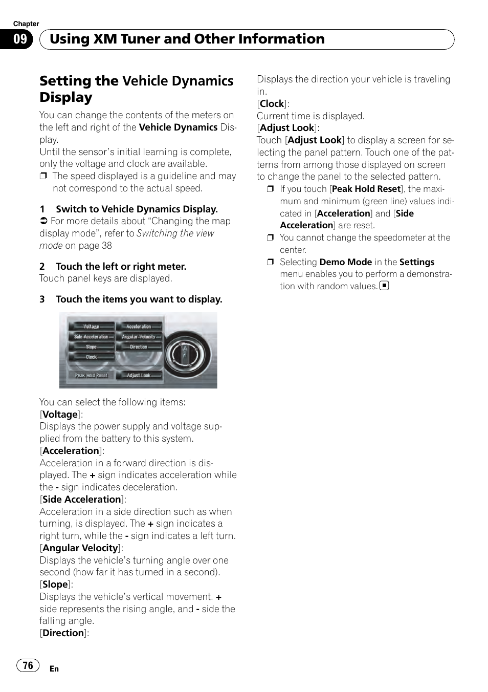 Setting the vehicle dynamics display, Using xm tuner and other information | Pioneer AVIC-Z3 User Manual | Page 76 / 211