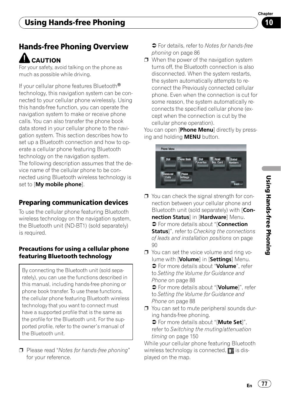 Preparing communication devices 77, Hands-free phoning overview, Using hands-free phoning | Preparing communication devices | Pioneer AVIC-Z3 User Manual | Page 77 / 211