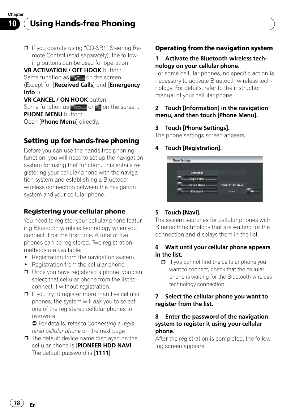 Setting up for hands-free phoning 78, Using hands-free phoning, Setting up for hands-free phoning | Pioneer AVIC-Z3 User Manual | Page 78 / 211