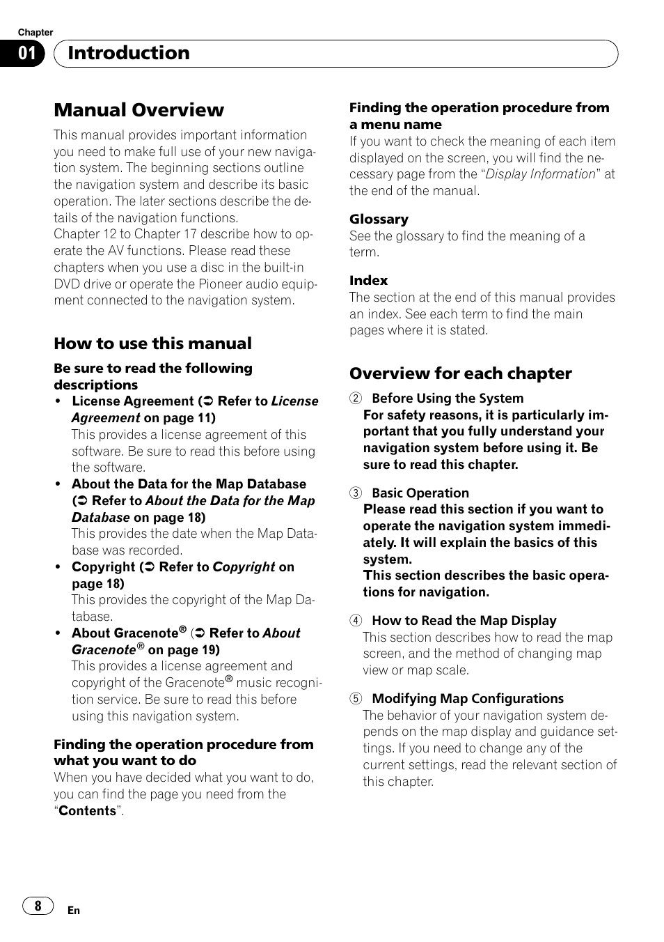 Introduction manual overview, How to use this manual 8, Overview for each chapter 8 | Manual overview, Introduction, How to use this manual, Overview for each chapter | Pioneer AVIC-Z3 User Manual | Page 8 / 211