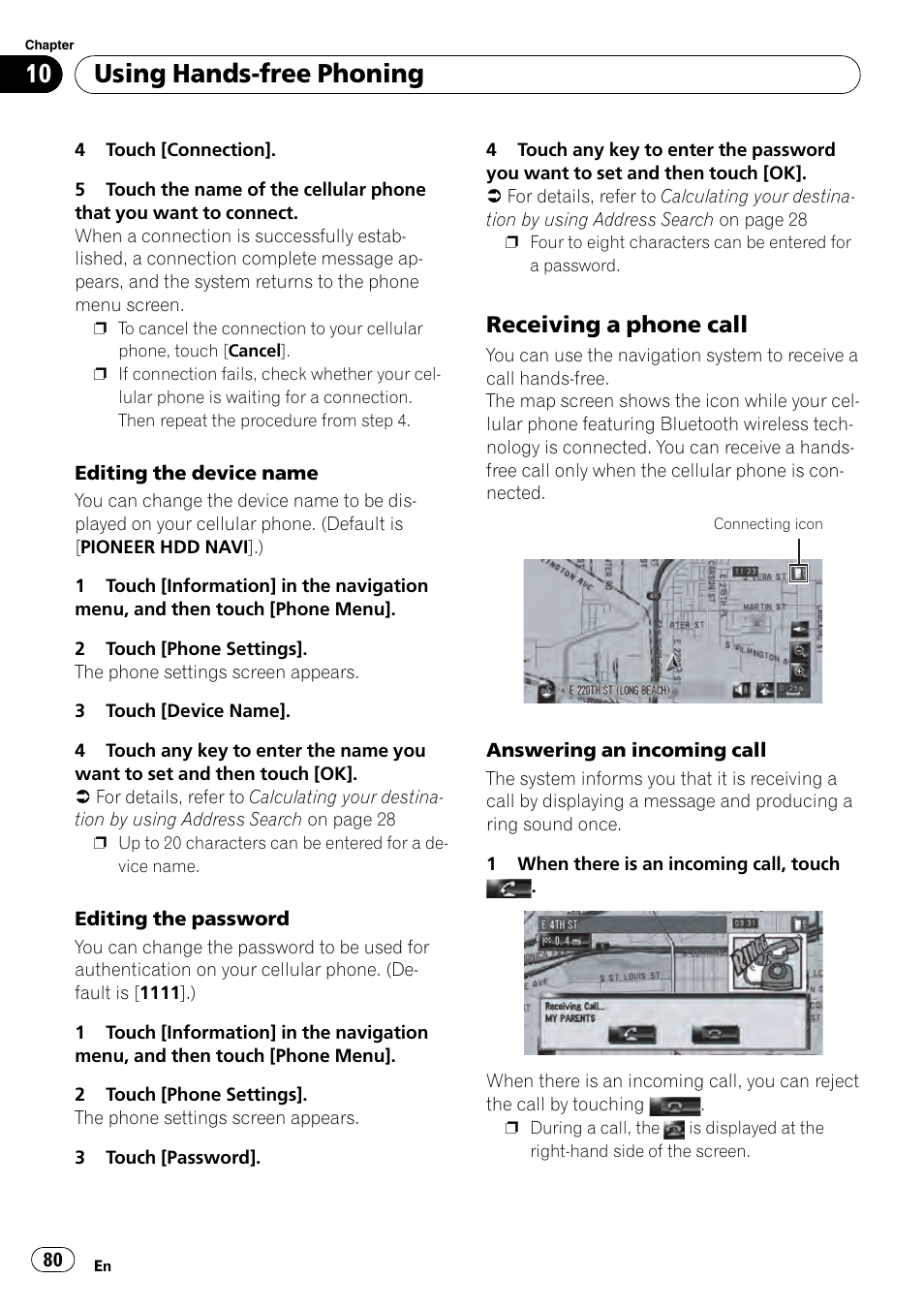 Receiving a phone call 80, Using hands-free phoning, Receiving a phone call | Pioneer AVIC-Z3 User Manual | Page 80 / 211