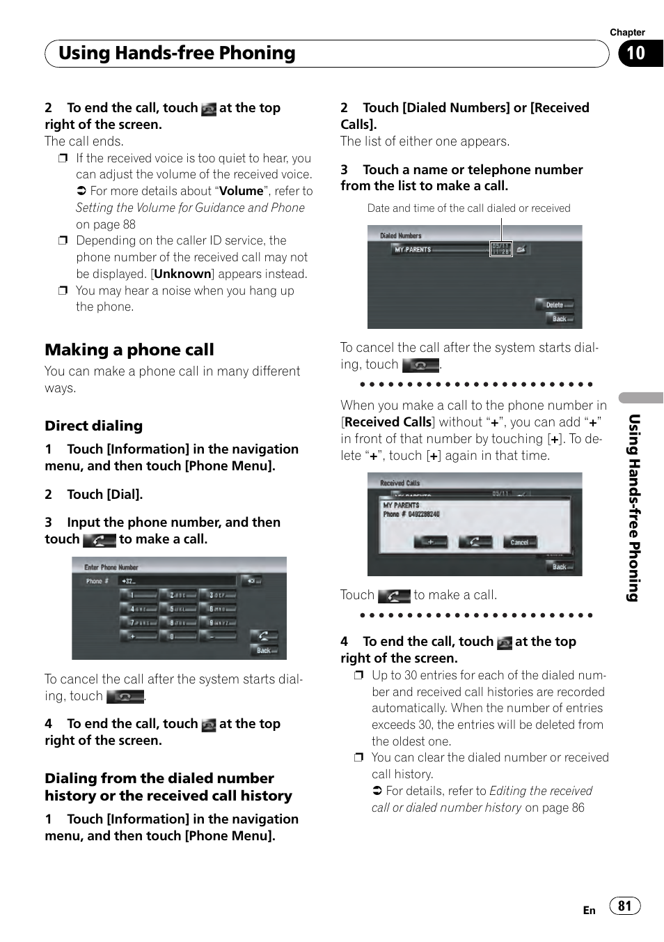 Making a phone call 81, Using hands-free phoning, Making a phone call | Pioneer AVIC-Z3 User Manual | Page 81 / 211