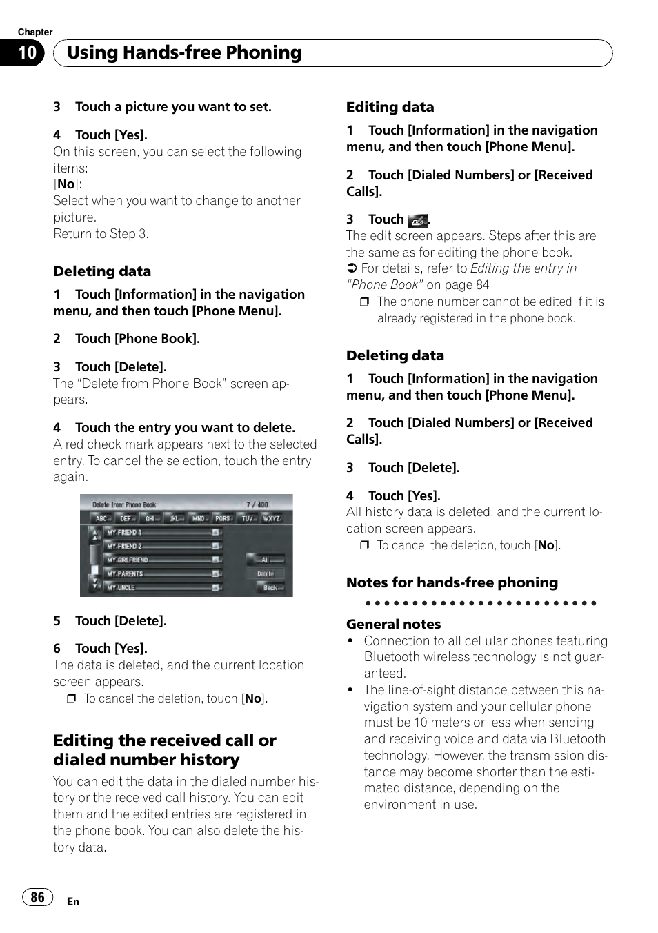 Editing the received call or dialed, Number history, Notes for hands-free phoning | Using hands-free phoning, Editing the received call or dialed number history | Pioneer AVIC-Z3 User Manual | Page 86 / 211