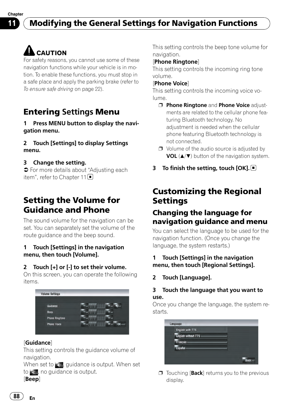 Setting the volume for guidance and, Phone, Customizing the regional settings | Changing the language for navigation, Guidance and menu, Entering settings menu, Setting the volume for guidance and phone | Pioneer AVIC-Z3 User Manual | Page 88 / 211