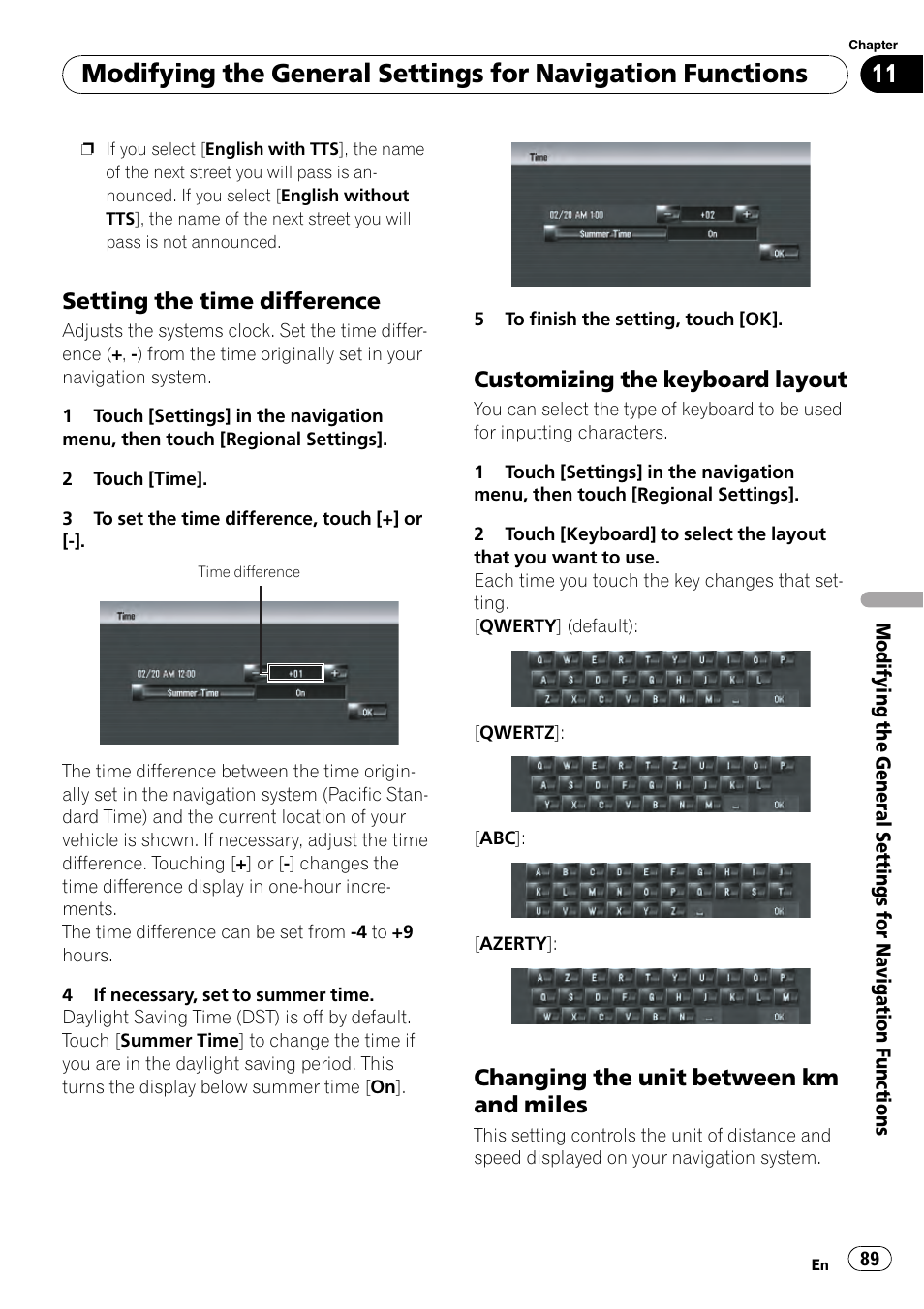 Setting the time difference 89, Customizing the keyboard layout 89, Changing the unit between km and | Miles, Setting the time difference, Customizing the keyboard layout, Changing the unit between km and miles | Pioneer AVIC-Z3 User Manual | Page 89 / 211